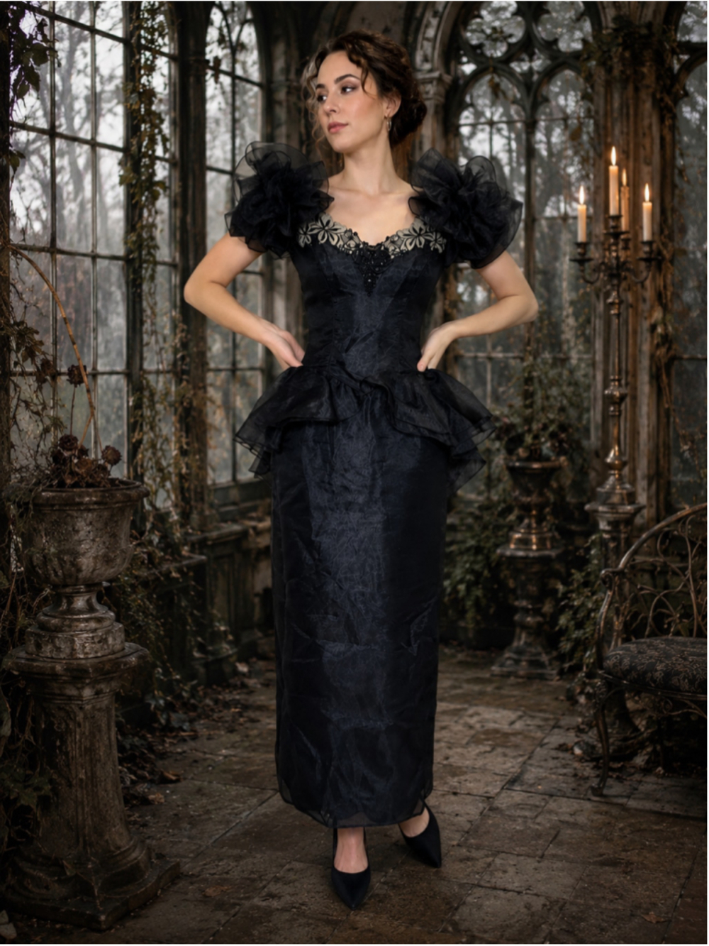 Vintage 80s Black Gothic Ruffle Evening Dress Small